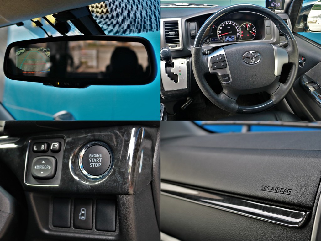 後方確認の際も安心のバックカメラ内蔵自動防眩ミラーやテアリングリモコンも完備！　ハンドルから手を放す事無くオーディオの音量やTVのチャンネルを変える事が可能です。