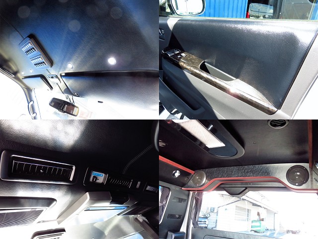 車内の細部までしっかりと張り替えしております！運転席頭上にはスッポットライトを埋め込み！！　リアゲートスピーカーをボックスに埋め込み高級感抜群です！