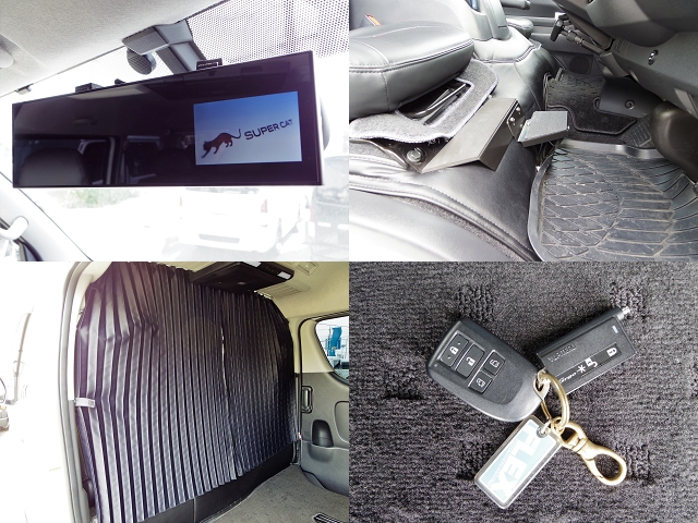 エンジンフード、レーダー探知機、ゴルゴ製セキュリィーも付いて車中泊に大切な間仕切りカーテンもつき盛沢山のアイテム装着車両です。