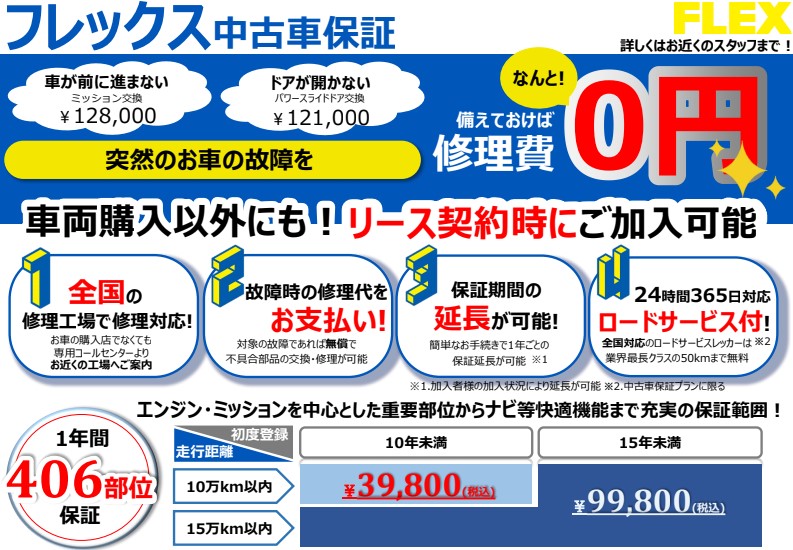 基本保証は無料１年保証＆距離無制限付きです☆有料オプションも幅広くご用意しております！！
