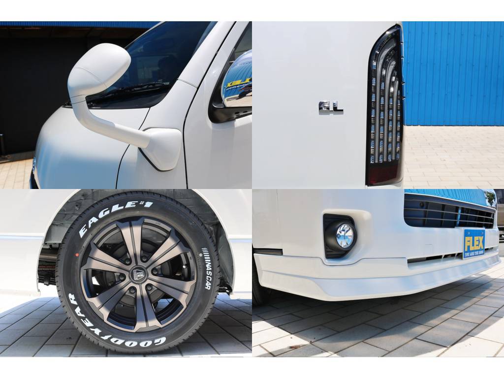 ガッツミラー同色塗装・ＦＬＥＸ煌きＬＥＤテールランプ・ＦＬＥＸオリジナル　フロントリップスポイラー