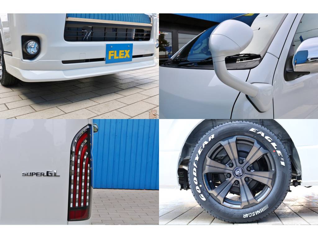 ＦＬＥＸ　フロントリップスポイラー・ガッツミラー同色塗装・ＦＬＥＸ煌きＬＥＤテールランプ・タイヤ＆アルミホイールと外装もバッチリカスタム済みです！