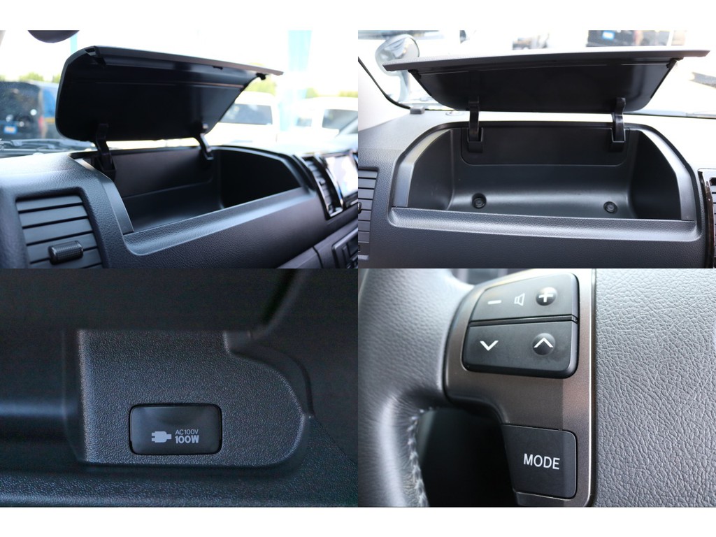 助手席側ダッシュボードには収納付き！新車時オプションのＡＣ１００Ｖ電源コンセント付き！ステアリングオーディオスイッチでナビ操作もハンドルを握ったまま可能です♪