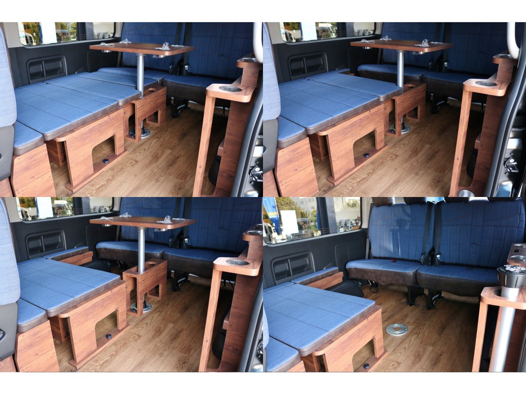 テーブルセット付きで車内で団らんもできちゃいますね！ベッドマットを外せばウォークスルーに♪