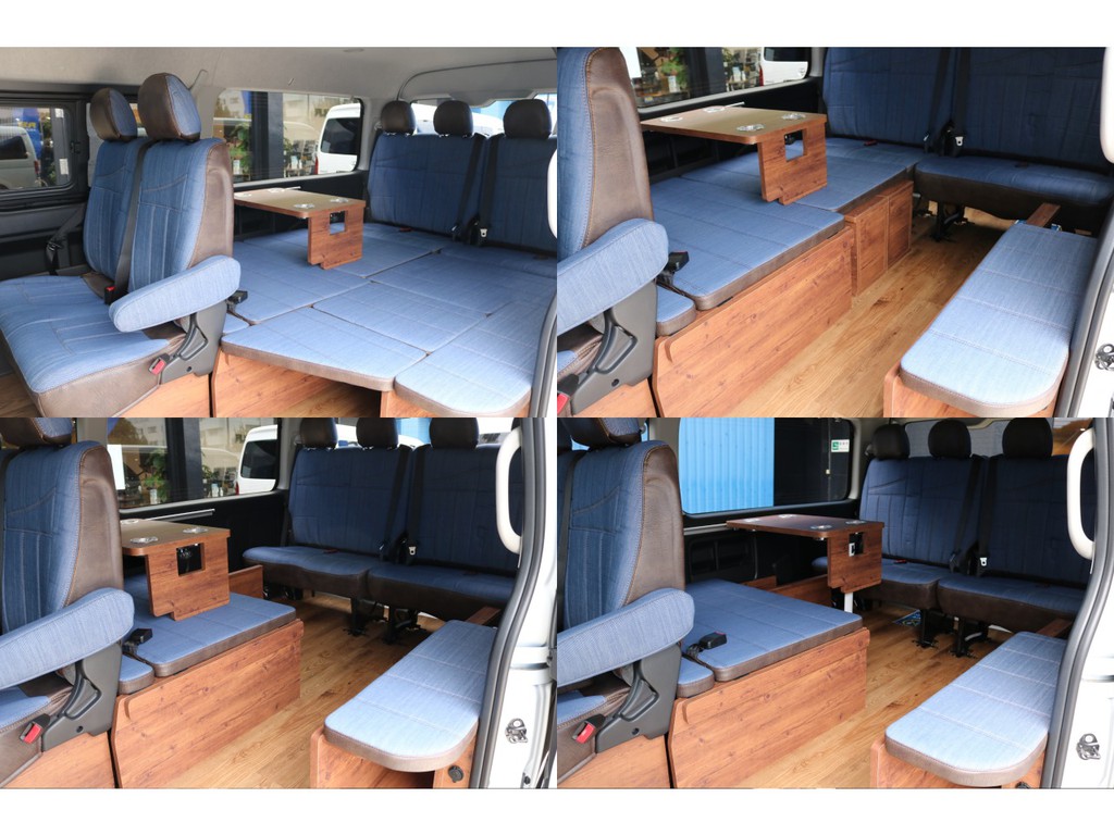 テーブルセット付きで車内で団らんもできちゃいますね！ベッドマットを外せばウォークスルーに♪