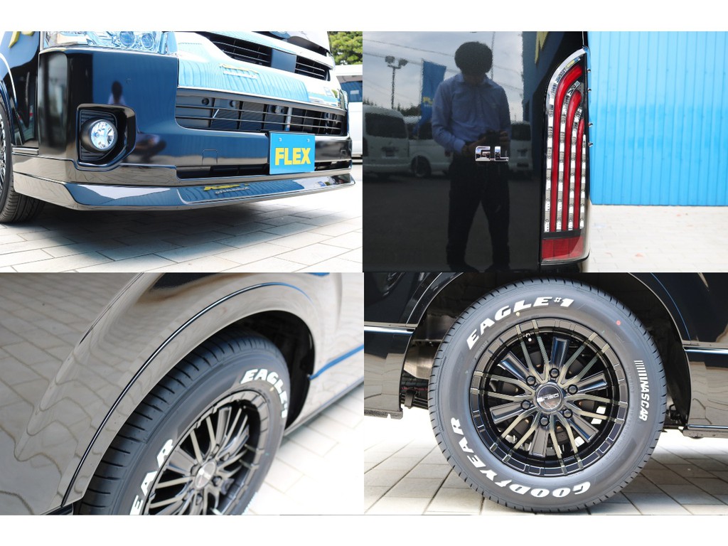 ＦＬＥＸフロントリップスポイラー・ＦＬＥＸオーバーフェンダー・ＦＬＥＸアルティメットＬＥＤテールランプ・ＦＬＥＸデルフＭＦ０１１６アルミホイール！ＦＬＥＸオリジナルパーツで仕上げました！