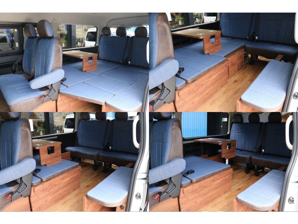テーブルセット付きで車内で団らんもできちゃいますね！ベッドマットを外せばウォークスルーに♪