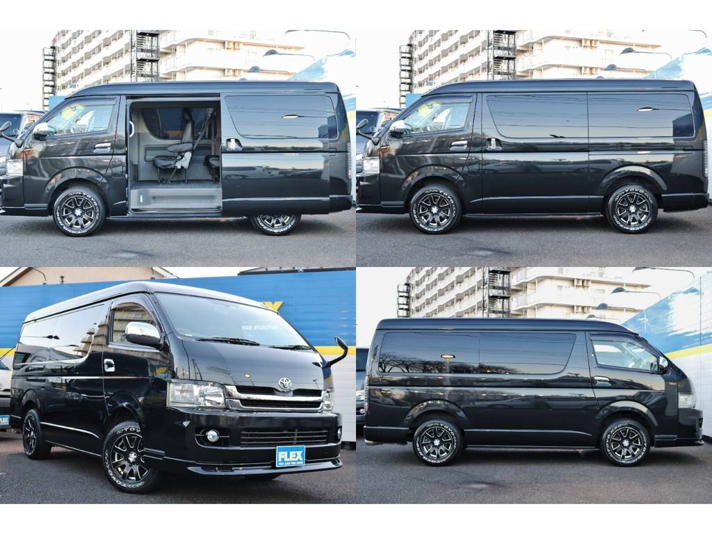 ハイエースはスライドドア開口部が広いので乗り降りが楽々♪レザー調シートカバーも施工済みなので高級感のあるシートになっております♪