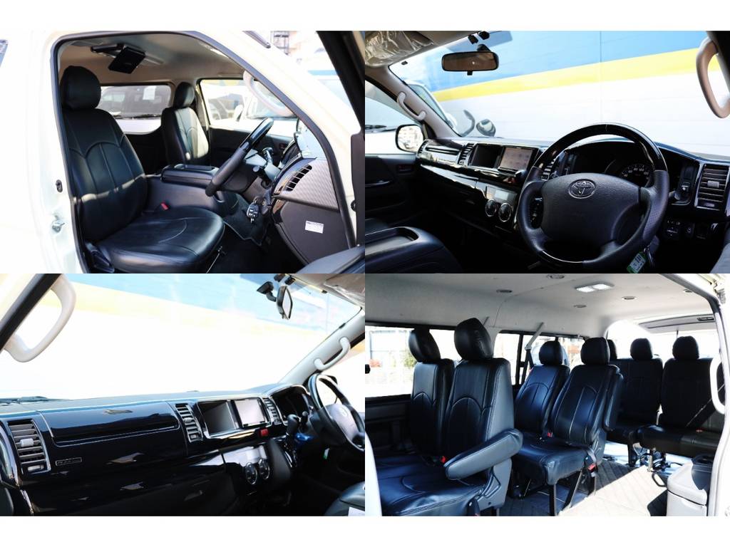 室内は全席黒革調シートカバー装備済み！インパネも黒で統一されており、高級感があります！