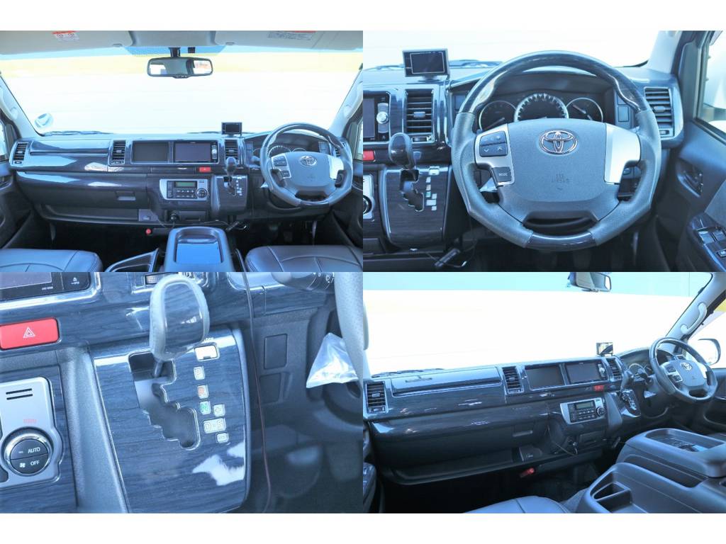 広い運転席はハンドル・シフトノブ交換済み！黒木目調インテリアパネルも施工済みです！