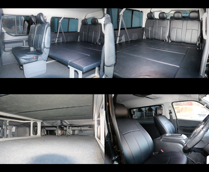 ３列目シートを横向きに構造変更する事によりフラットなスペースを確保！！　車中泊も可能なほどのゆとりあるシートアレンジです☆　ベッドマットも簡易に取り外し可能です！！