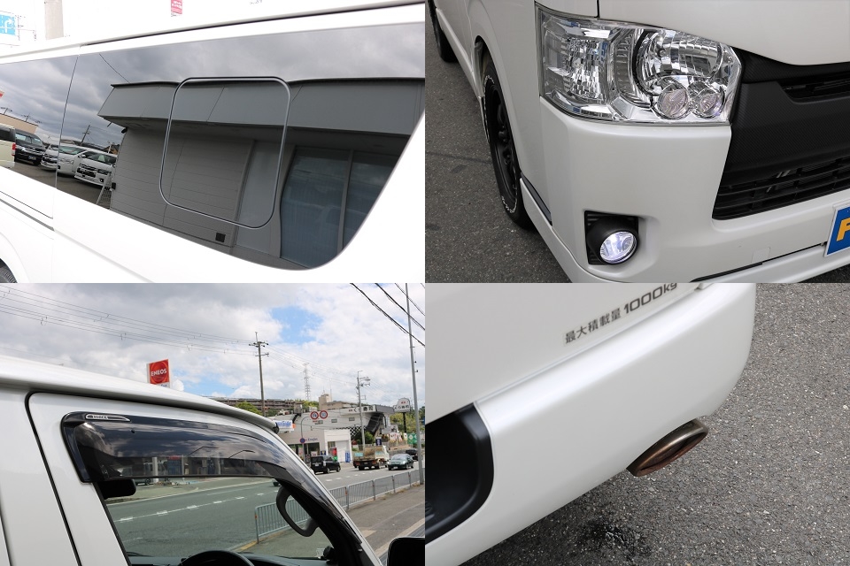 スライドドアガラス開閉式！ドアバイザー＆フロアマット＆マフラーカッターも完備！現車は大阪店在庫ですので、お求め＆お問い合わせは大阪店までお願いします。