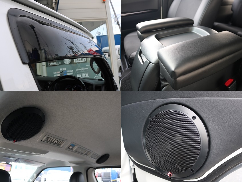 ドアバイザー＆フロアマット＆小物入れ付き肘掛完備！各所スピーカーは調光式ＬＥＤイルミネーションも完備！