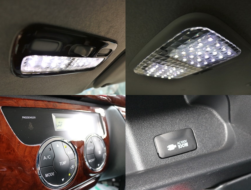 オートエアコン＆ＡＣ１００Ｖアクセサリーコンセントは標準装備です。ＬＥＤルームランプ＆クリスタルレンズセットと、細かいところもきちんとカスタム済！