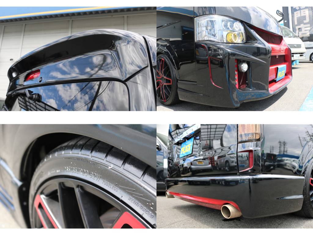【外装詳細②】ＢＬＥＳＳ製リアルーフスポイラー☆フロントフルバンパー☆まだまだ使用可能なタイヤ残溝☆リアバンパー＆ＴＷＯＨＯＴ製専用２本出しマフラー（ＪＡＳＭＡ規格適合）☆