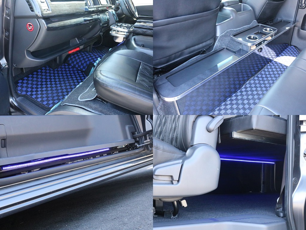 他にも多数の車内の雰囲気を演出する装備が沢山！　2列目シートの前にはセカンドキャビネットが設置されており、フロアマットや間接照明は青と黒のイメージで統一されています。