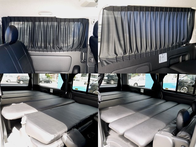 専用カーテン装着！！後席を格納すればベットキットとフラットでお使いいただけます！！ベットマット延長もついてます！！